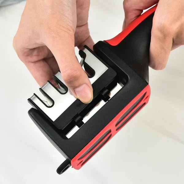 Professional Knife Sharpener with 8-Wheel Blades & Sanding Stone | Coarse & Fine Sharpening Slots, Durable Grip Handle, Compact Kitchen Knife Filer (Random Color)