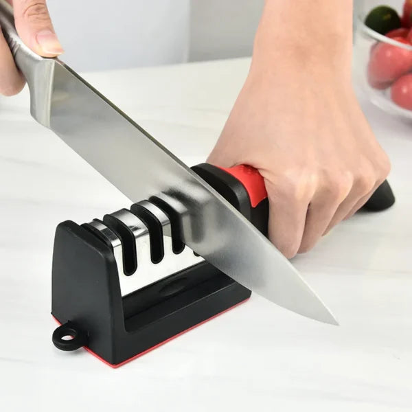 Professional Knife Sharpener with 8-Wheel Blades & Sanding Stone | Coarse & Fine Sharpening Slots, Durable Grip Handle, Compact Kitchen Knife Filer (Random Color)