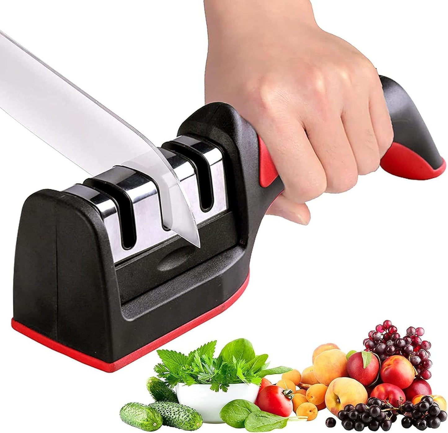 Professional Knife Sharpener with 8-Wheel Blades & Sanding Stone | Coarse & Fine Sharpening Slots, Durable Grip Handle, Compact Kitchen Knife Filer (Random Color)