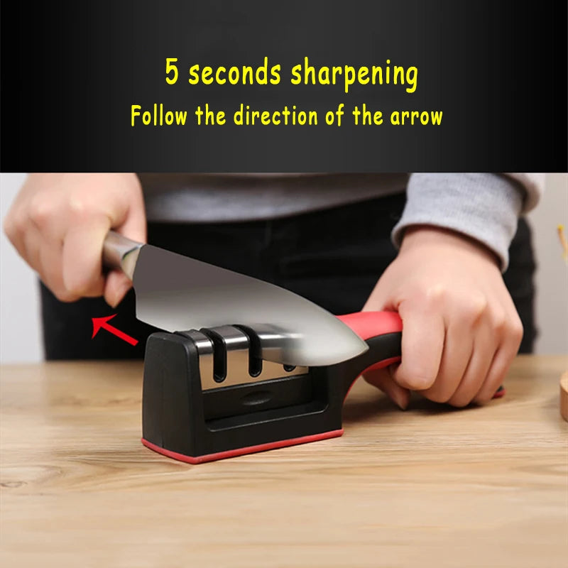 Professional Knife Sharpener with 8-Wheel Blades & Sanding Stone | Coarse & Fine Sharpening Slots, Durable Grip Handle, Compact Kitchen Knife Filer (Random Color)