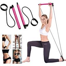 Portable Pilates Bar Stick with Resistance Bands | Home Gym Yoga Exercise Bar Kit, Full-Body Workout Elastic Fitness Rope (Random Colours)