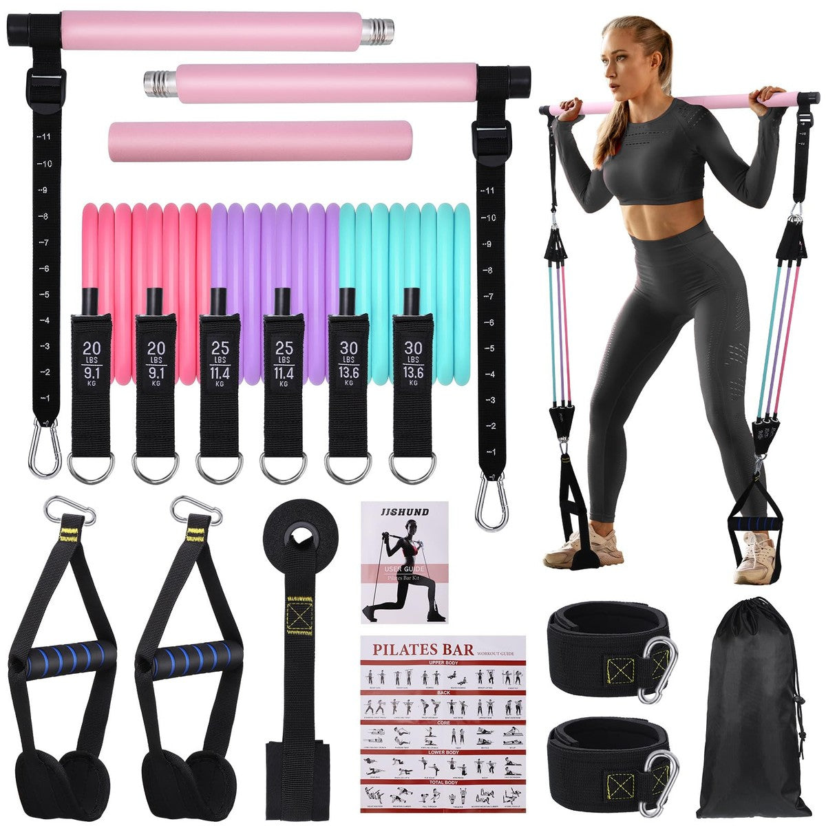 Portable Pilates Bar Stick with Resistance Bands | Home Gym Yoga Exercise Bar Kit, Full-Body Workout Elastic Fitness Rope (Random Colours)