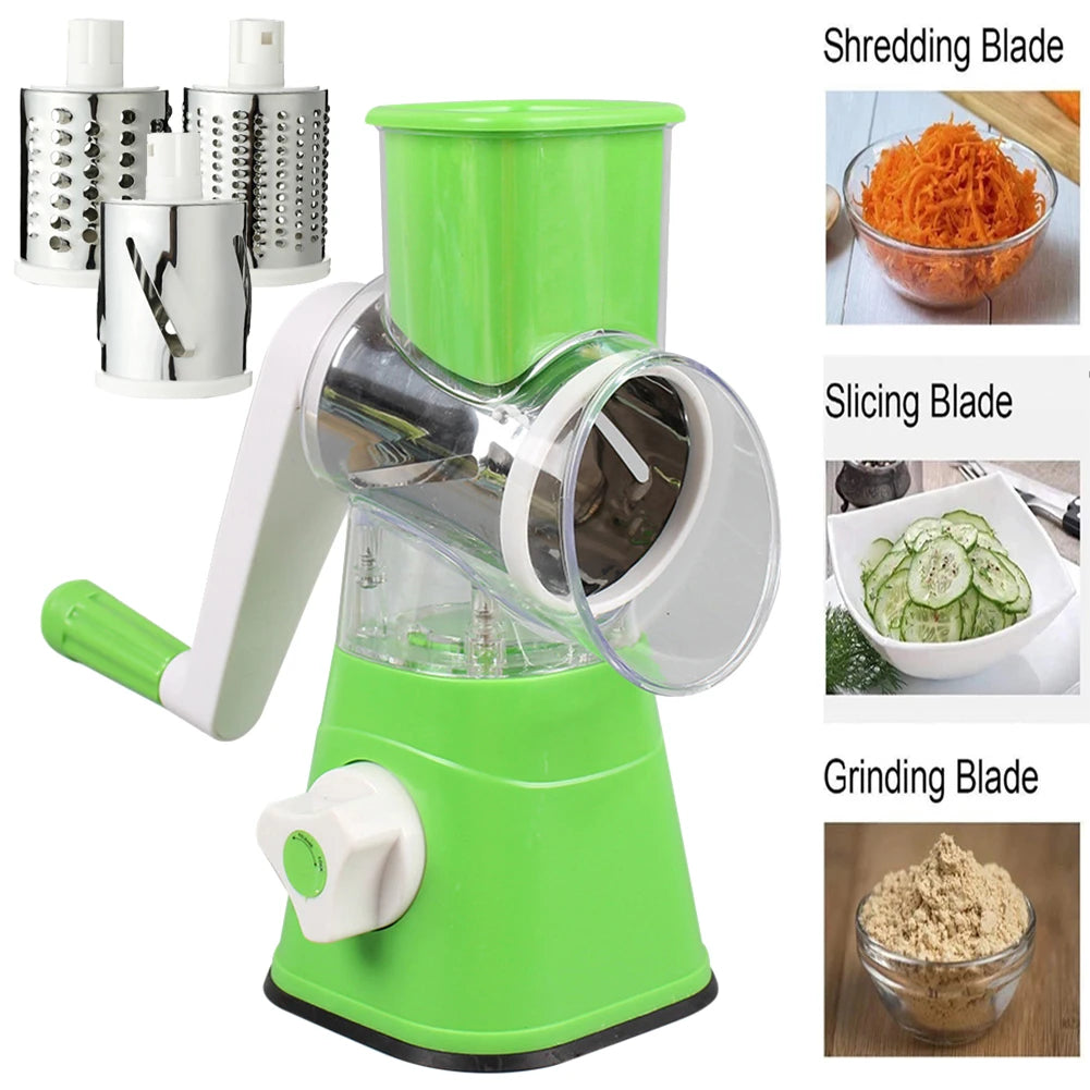 Tabletop Drum Grater – Manual Vegetable Slicer & Cheese Grater | 3-in-1 Rotary Drum Cutter for Veggies, Fruits, Cheese & More | Kitchen Gadget with Suction Base (Random Color)