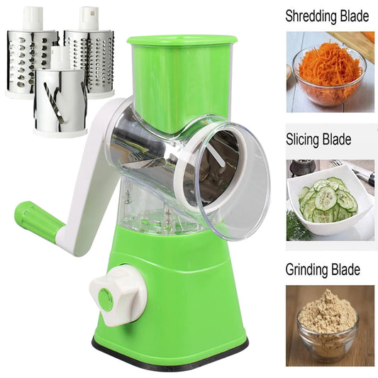 Tabletop Drum Grater – Manual Vegetable Slicer & Cheese Grater | 3-in-1 Rotary Drum Cutter for Veggies, Fruits, Cheese & More | Kitchen Gadget with Suction Base (Random Color)