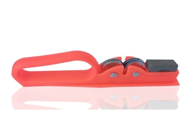 Professional Knife Sharpener with 8-Wheel Blades & Sanding Stone | Coarse & Fine Sharpening Slots, Durable Grip Handle, Compact Kitchen Knife Filer (Random Color)