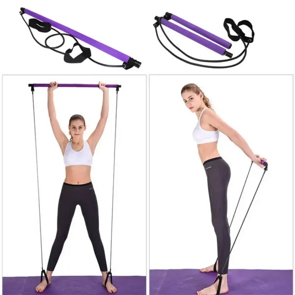 Portable Pilates Bar Stick with Resistance Bands | Home Gym Yoga Exercise Bar Kit, Full-Body Workout Elastic Fitness Rope (Random Colours)