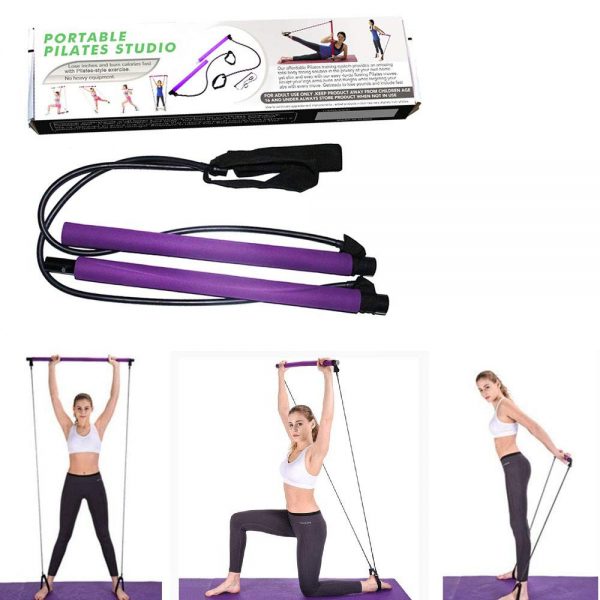 Portable Pilates Bar Stick with Resistance Bands | Home Gym Yoga Exercise Bar Kit, Full-Body Workout Elastic Fitness Rope (Random Colours)